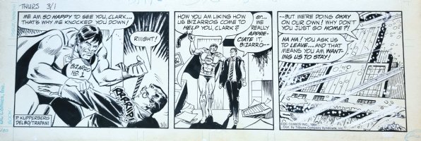 DELBO, JOSE - Superman daily Bizarro  helps up Clark Kent 3/1 1984 Comic Art