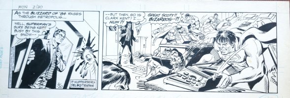 DELBO, JOSE - Superman daily - big panel - Bizarro & Clark Kent at Planet 2/20 1984 Comic Art