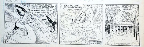 DELBO, JOSE - Superman daily, Supes & Bizarro flying snow fight 3/8 1984 Comic Art