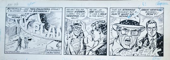DELBO, JOSE - Superman daily, Bizarro changes into Biz Kent & Clark Kent 3/5 1984 Comic Art