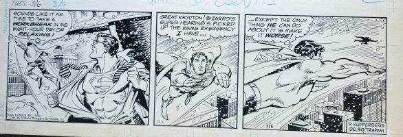 DELBO, JOSE - Superman daily, Bizarro flies  & Clark changes to Supes 3/6 1984 Comic Art