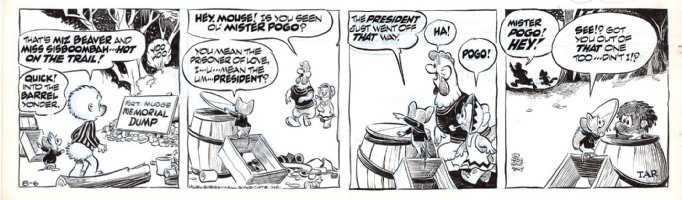KELLY, WALT - Pogo daily 8/6 1969, President Pogo hides in Fort Mudge Memorial Dump Comic Art