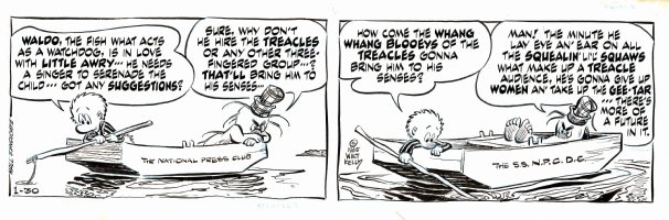 KELLY, WALT - Pogo daily,  1/30 1965 2 panels Dog & Churchy on flatboat Comic Art