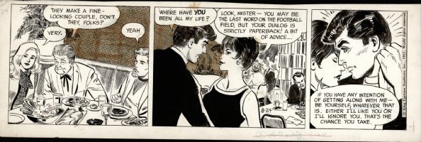 ADAMS, NEAL / DRAKE Studio - Juliet Jones daily, Eve, Football hero (Joe Namath) & gal, 8/24 1967 Comic Art