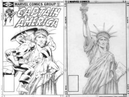 ZECK, MIKE - Capt America #267 cover, Cap patriotic scene + drawn Statue of Liberty on full board Comic Art
