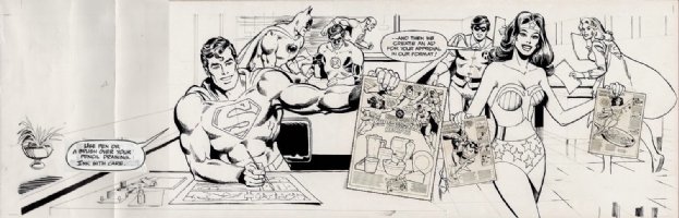 GARCIA-LOPEZ, JOSE LUIS / GIORDANO - DC In House Ad: drawing comics Pinup: JLA- Supes WW Batman & Robin, Flash, Green Lantern + Supergirl 1980 Comic Art