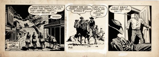 ADAMS, NEAL / HOWARD NOSTRAND - Bat Masterson daily 9/21 1959  Men on horses follow Bat through town Comic Art