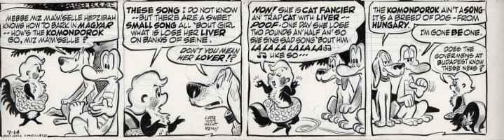 KELLY, WALT - Pogo daily 7-14 1955, Miz Ma'm'selle Hepzibah can't tell Albert and Beauregard what a  komondorok  bark sounds like...so she sings them a little song about a girl who loses her liver on the banks of the Seine Comic Art