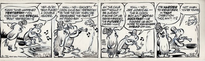KELLY, WALT - Pogo daily 5-31 1955, Porky and Churchy debate Pogo's comment about remembering the past versus Rackety Coon Chile's preference to remember the future. Comic Art