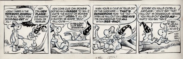 KELLY, WALT - Pogo daily 5-28 1955, Churchy and Howland ponder the dangers of fallout...from atomic to dropping out of an airplane Comic Art