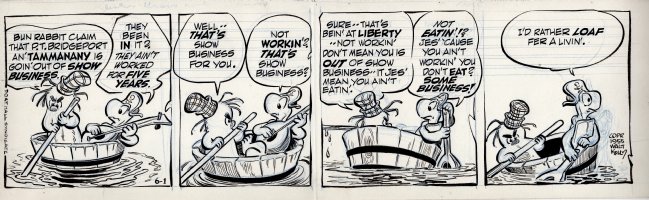 KELLY, WALT - Pogo daily 6-1 1955, Porky and Churchy floating in a tub, pondering: is there no business in show business? Comic Art
