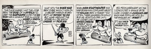 KELLY, WALT - Pogo daily 7-21 1955, Ol' Mouse continues telling Albert and Beauregard his history of being a German dog in Africa Comic Art