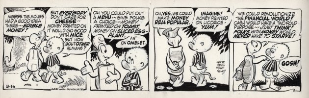 KELLY, WALT - Pogo daily 8-16 1955, Churchy impresses Pogo with his idea to print money on food! Comic Art