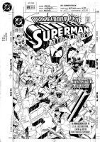 JURGENS, DAN / BOB McLEOD - Action Comics #670 cover, Superman, JLA JSA members + Guardian, Wave-rider, Gang-buster Comic Art